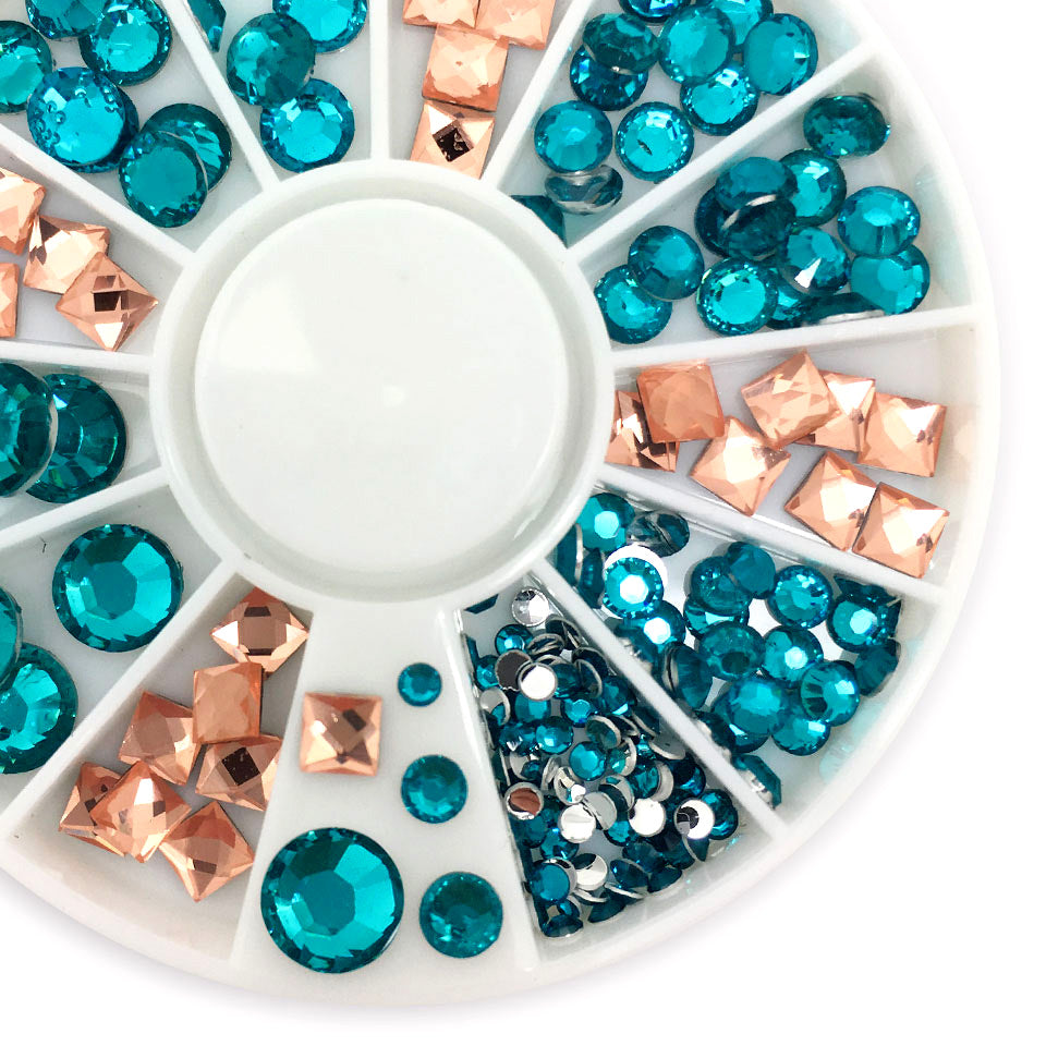 Teal + Peach Nail Gems. Beautiful half-round and square gems, in a mix of sizes. Flat backed.