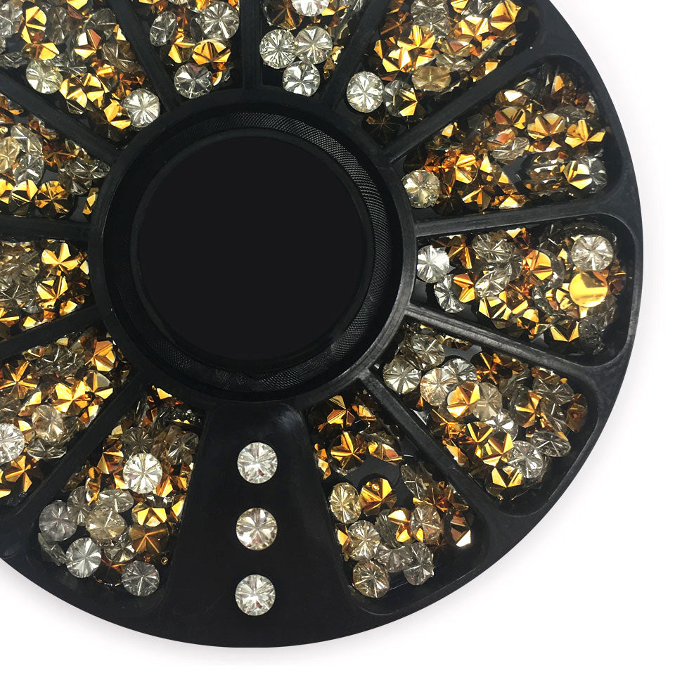 Clear Rhinestones + Gold Nail Studs, 3mm. Beautiful clear gems clasped in gold metal.