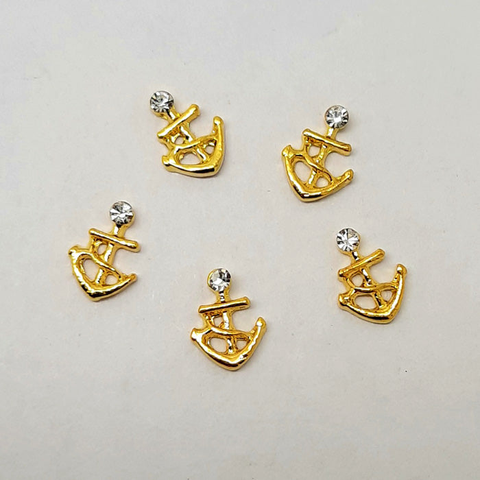 Anchor + Rhinestone Nail Charms, cute little gold anchors with a gem.
