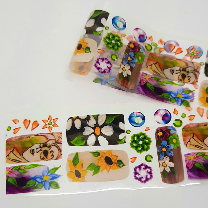 Flowers + Faces Nail Foil. Lovely designs on a clear, shimmering backing.
Supplied in 4cm x 100cm lengths.