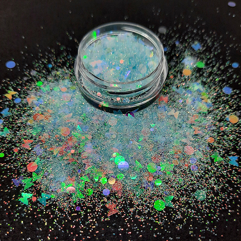'Butterfly Mist' Iridescent Nail Glitter with Butterflies. Beautiful blue highly iridescent glitter powder with clear iridescent butterflies and dots.