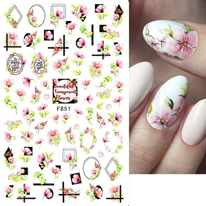 Beautiful Pink Flowers Nail Stickers. Beautiful and delicate flowers in a soft pink, with leaves and geometric designs. Self adhesive, so very easy to use.