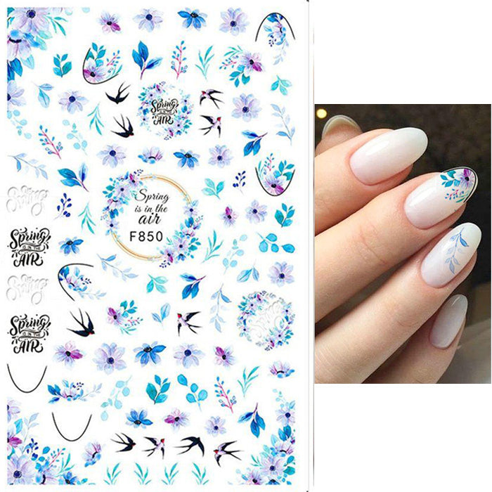 Blue Flowers + Swallows Nail Stickers. Beautiful designs, and these self adhesive nail stickers are so easy to use.