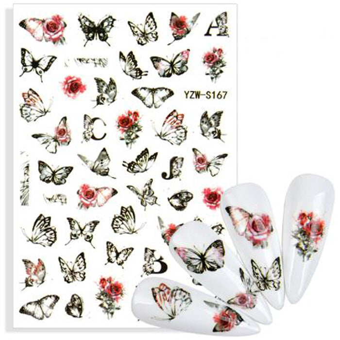 A sheet of nail art stickers with designs of butterflies and roses.