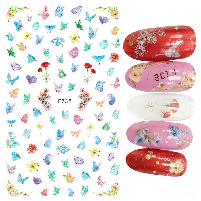A sheet of self adhesive nail stickers with designs of colourful flowers and butterflies.