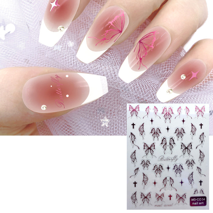 Gorgeous self adhesive nail stickers with shiny pink butterflies and some stars.