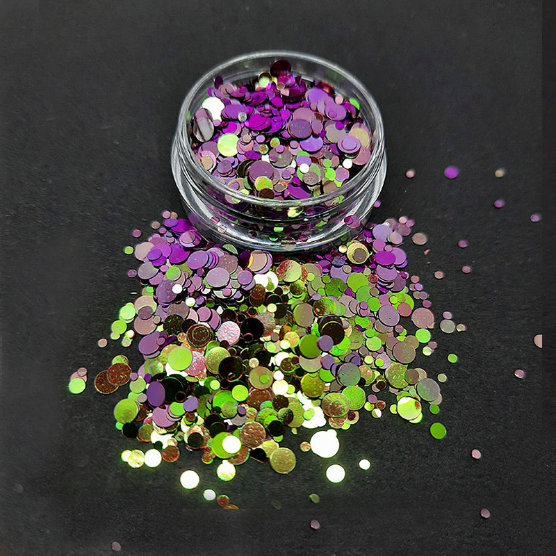 'Karma Chameleon' Colour Shift Nail Glitter. A gorgeous dot nail glitter that colour shifts purple/green. Dots are mixed sizes.