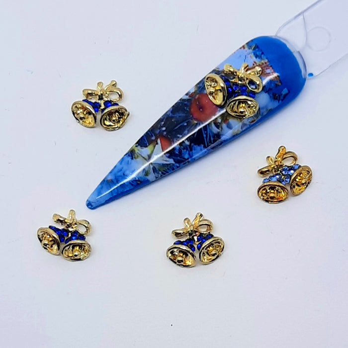 Christmas Bells Nail Charms x 5, beautiful gold metal bells embedded with blue gems.