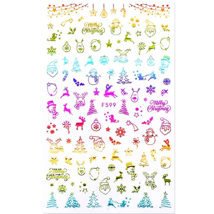 A sheet of multicolored Christmas-themed nail stickers with various designs including reindeer, snowflakes, and Christmas trees.