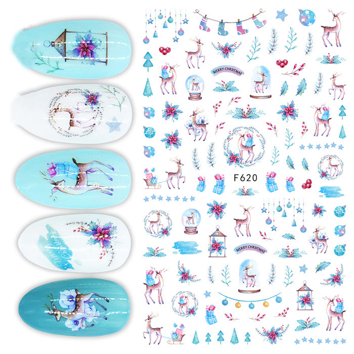 A set of nail stickers with Christmas-themed designs including reindeer, snowflakes, and decorative elements.