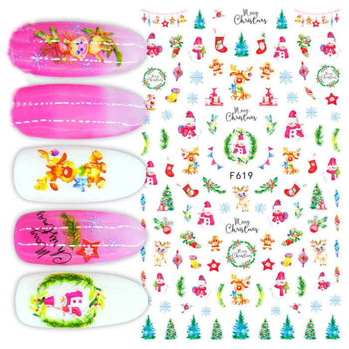 A set of nail stickers with a Christmas theme, including designs like snowflakes, reindeer, and Christmas trees.