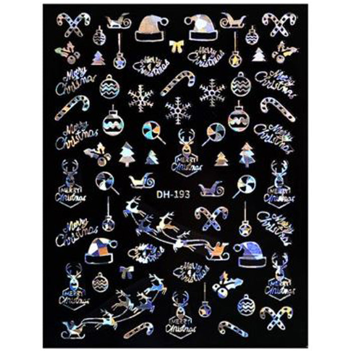 A collection of silver holographic Christmas-themed nail stickers with various designs including snowflakes, Christmas trees, and holiday greetings.