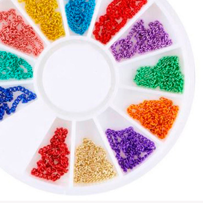 A wheel containing a selection of small coloured chains used in nail art.