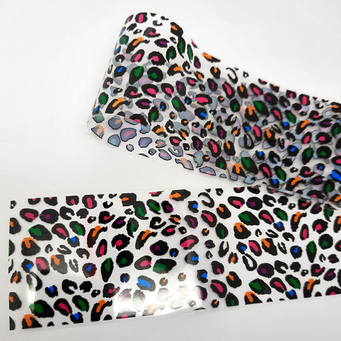 Coloured Leopard Nail Transfer Foil. A gorgeous animal print design in multicolours on a clear backing.
Supplied in 4cm x 100cm lengths.