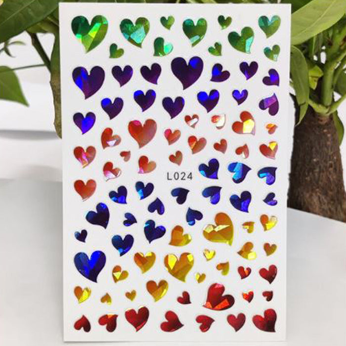 Laser Rainbow Hearts Nail Stickers. Lots of beautiful shiny hearts in a mix of sizes and colours, and these self adhesive nail stickers are so easy to use.