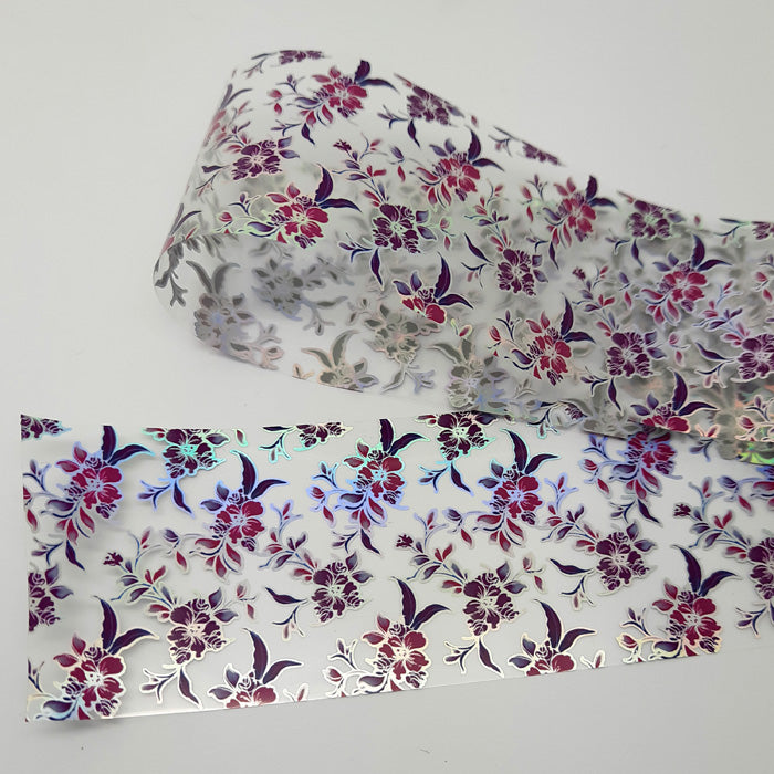 Dark Pink + Silver Holo Flowers Nail Foil. Clear backing.