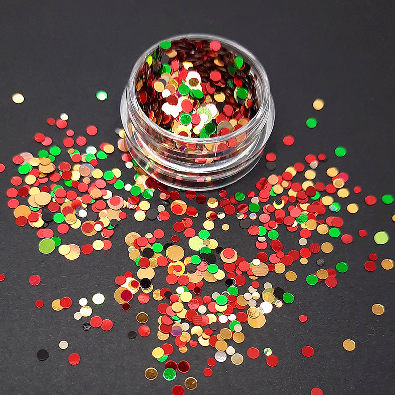 Round Nail Sequins, Red, Gold + Green, beautiful shiny dots in mixed sizes, beautiful.