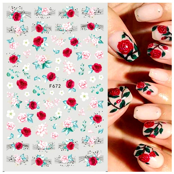 Red + Pink Roses + Leaves Nail Stickers, beautiful and so easy to use.