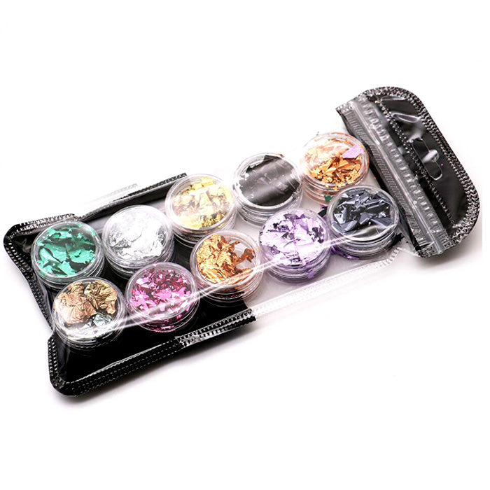 A set of 10 pots of beautiful nail foil in a selection of colours.