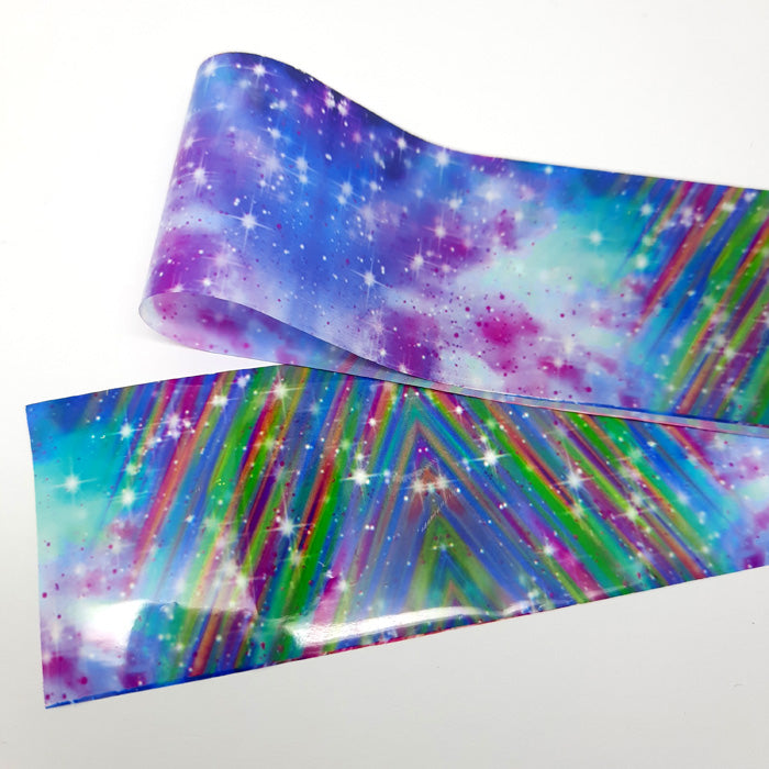 Galaxy Nail Foil, Rainbow Stripes. Beautiful colours and design.
Supplied in 4cm x 100cm lengths.