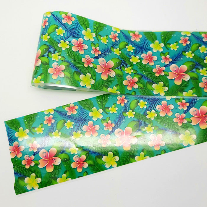 Ginko Flowers Nail Foil. A beautiful green and blue foil covered in pink and yellow flowers.
Supplied in 4cm x 100cm lengths.