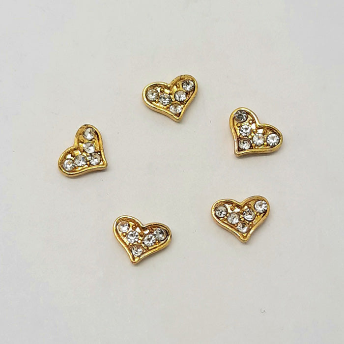 Gold Heart With Rhinestones Nail Charms x 3. Beautiful golden love hearts embedded with clear gems.