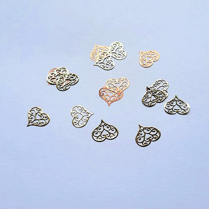 Gold Ornate Hearts Nail Slices x 20. Beautiful ornate love hearts, can be bent to the shape of the nail.