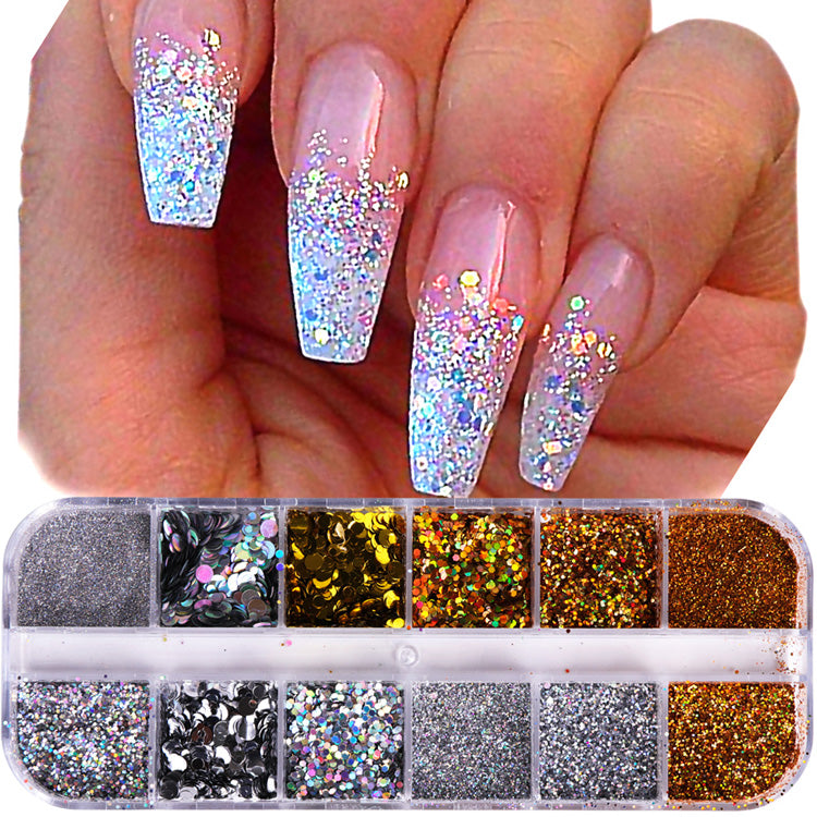 Gold + Silver Nail Glitter Sequin Set. A case of gorgeous gold and silver nail glitter in different sizes.