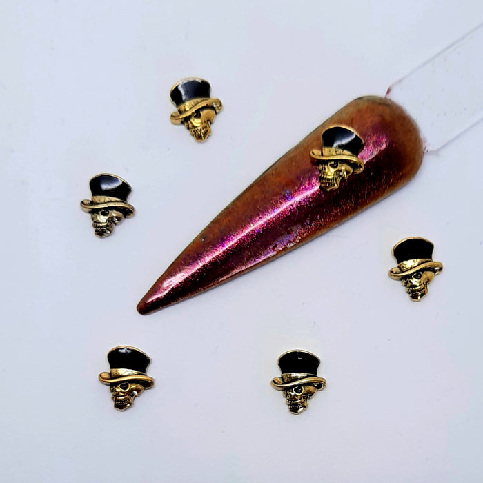Skulls in Hats Nail Charms x 5. Wonderful gold metal nail charms, skulls in hats, really cool and funky.