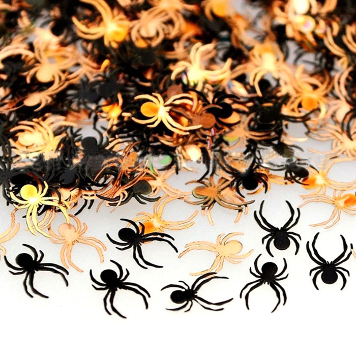 Spooky Halloween Spiders Nail Slices. Thin metal spiders, that can be shaped to fit the curve of the nail, black on one side, very spooky!