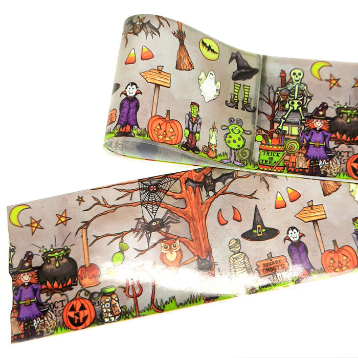 Happy Halloween Nail Foil. Lots of spooky designs on a smoky grey backing.
Supplied in 4cm x 100cm lengths.