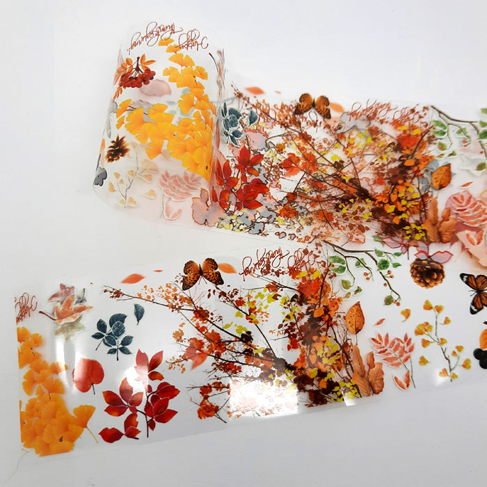 Happy Thanksgiving Autumn Nail Foil. Beautiful leaves, butterflies, and fir cones in Autumnal colours. Clear backing.
Supplied in 4cmx 100cm lengths.
