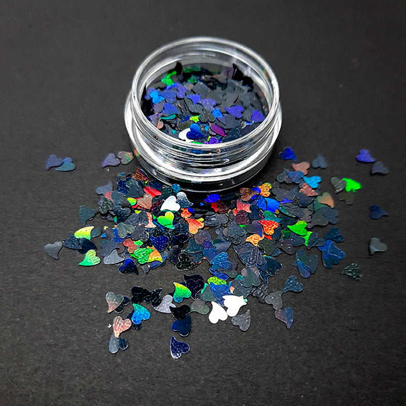 Heart Tear-Drop Nail Glitter, Black Holo. Beautiful shiny black love hearts.
