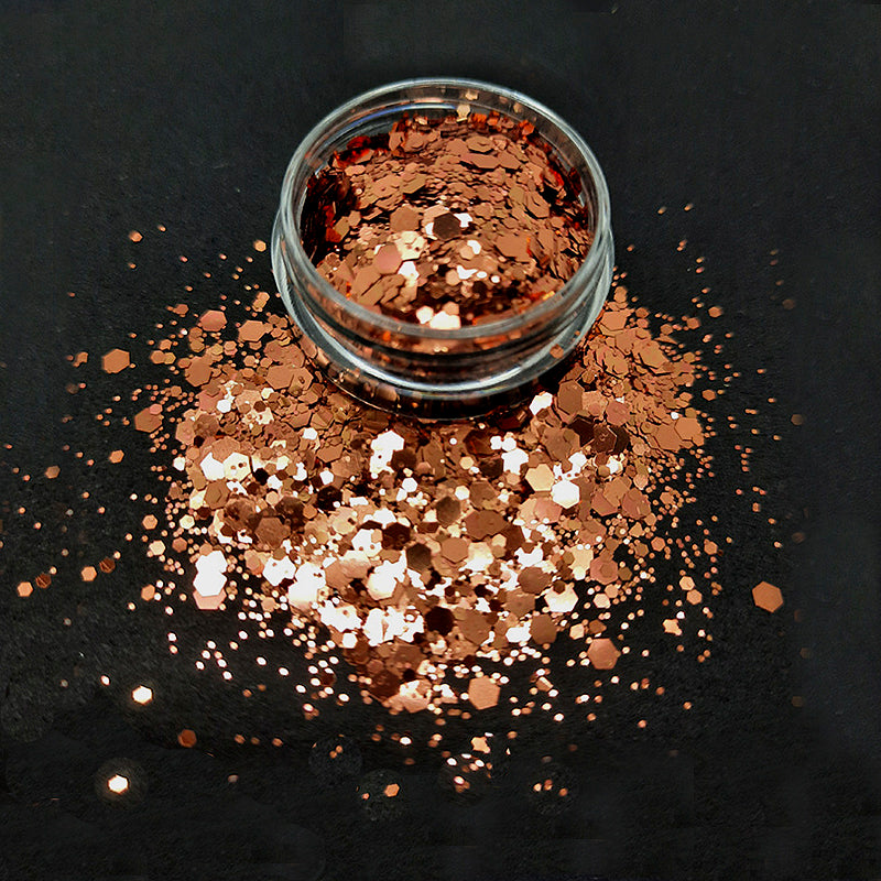 Hexagon Nail Glitter Mix, 'Burnt Copper'. This nail glitter is ultra shiny and such a beautiful colour. The hexagons are of mixed sizes, 3mm down to tiny.