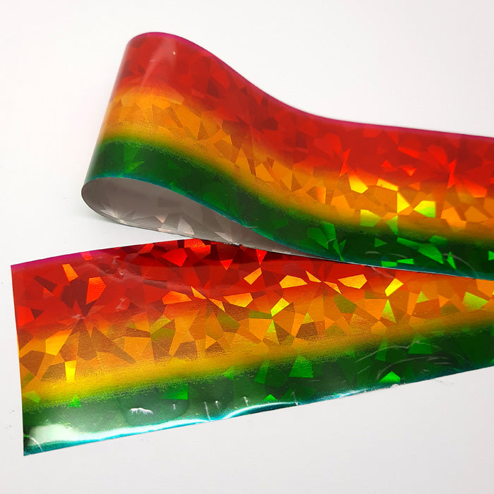 Holo Shards Nail Foil; Ombre Red, Yellow, Green. Very shiny metallic nail foil with shimmering shards in a beautiful colour mix. Other colours also available.