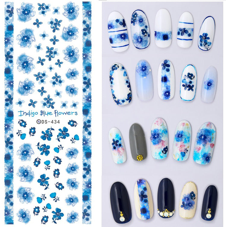 Indigo Blue Flowers Nail Water Decals. Beautiful blue flowers and a flower border.
