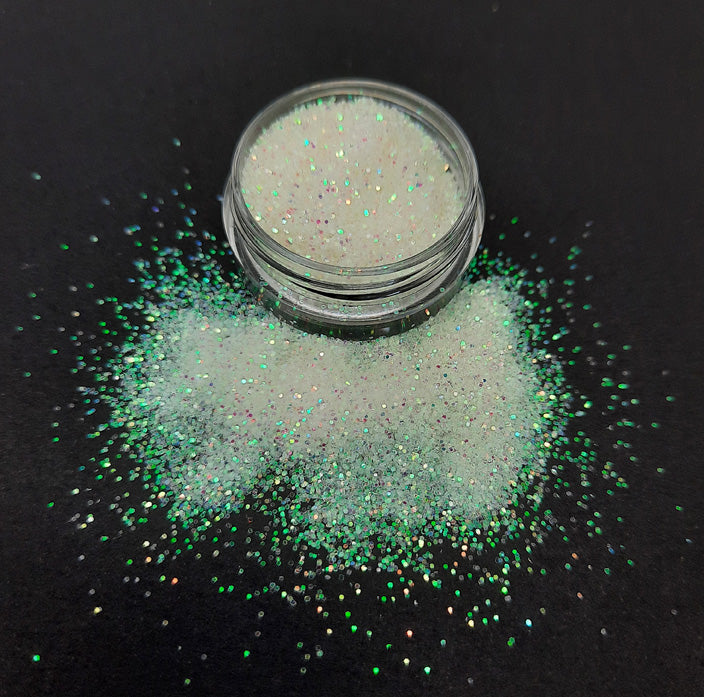 White Nail Glitter, Iridescent Green, beautifully sparkly.