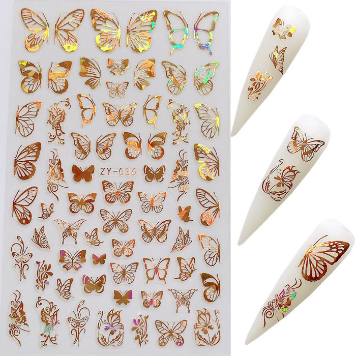 Laser Gold Butterfly Nail Stickers. A beautiful mix of half and whole butterflies, and so easy to use.