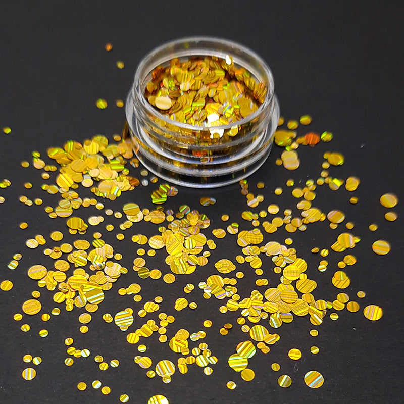 Holographic Dot Nail Sequins, Gold. Very shiny beautiful dots in a mix of sizes. Other colours also available.