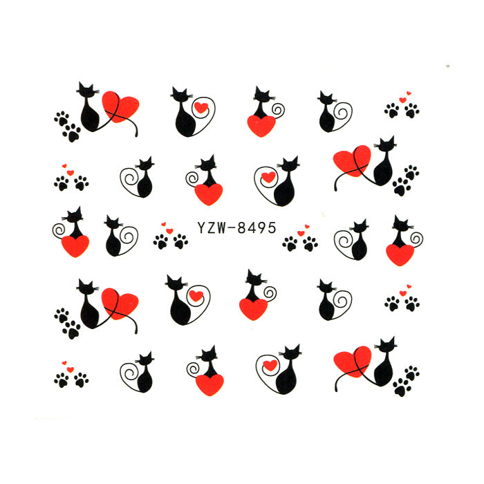 Love Cats Nail Water Decals. Gorgeous black cats and red hearts, and some cute paw prints.