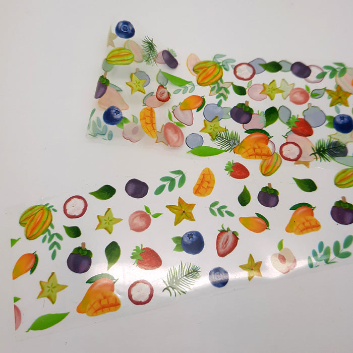 Fruity Nail Foil, Mango + Star Fruit. Some wonderfully fun designs on a clear backing.
Supplied in 4cm x 100cm lengths.
