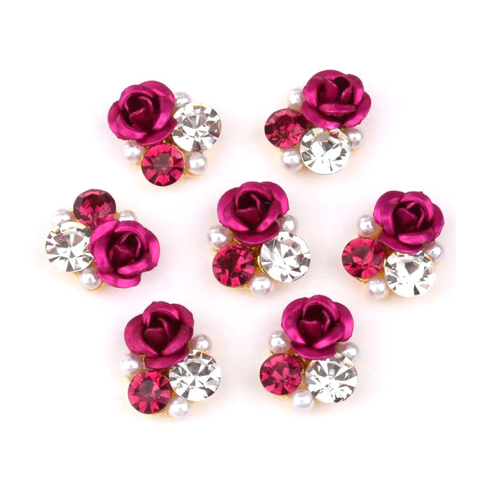 Rose Cluster Nail Charms, Dark Pink. These are beautiful nail charms; a dark pink metal rose, pearls and gems set into a silver metal base.