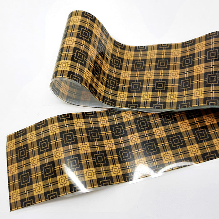 Mustard Checked Nail Foil. A gorgeous foil with a tartan design.
Supplied in 4cm x 100cm lengths.