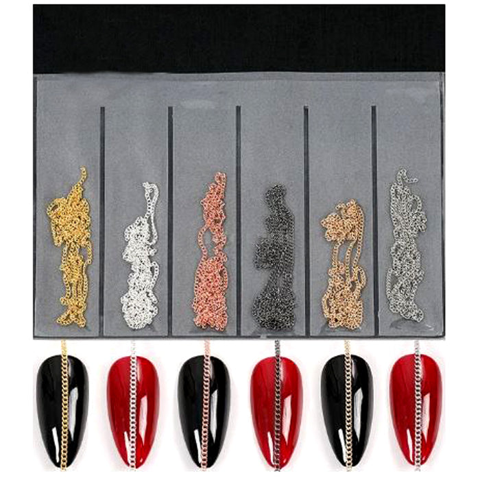 Nail Art Chains, Golds, Silvers, Black. A pack of six beautiful nail art chains in a mix of colours.