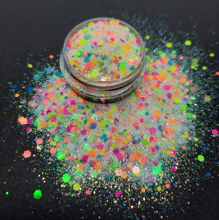 Neon Dots in Frosting Nail Glitter. Beautiful neon dots in a white iridescent sugary base glitter, so very sparkly.
