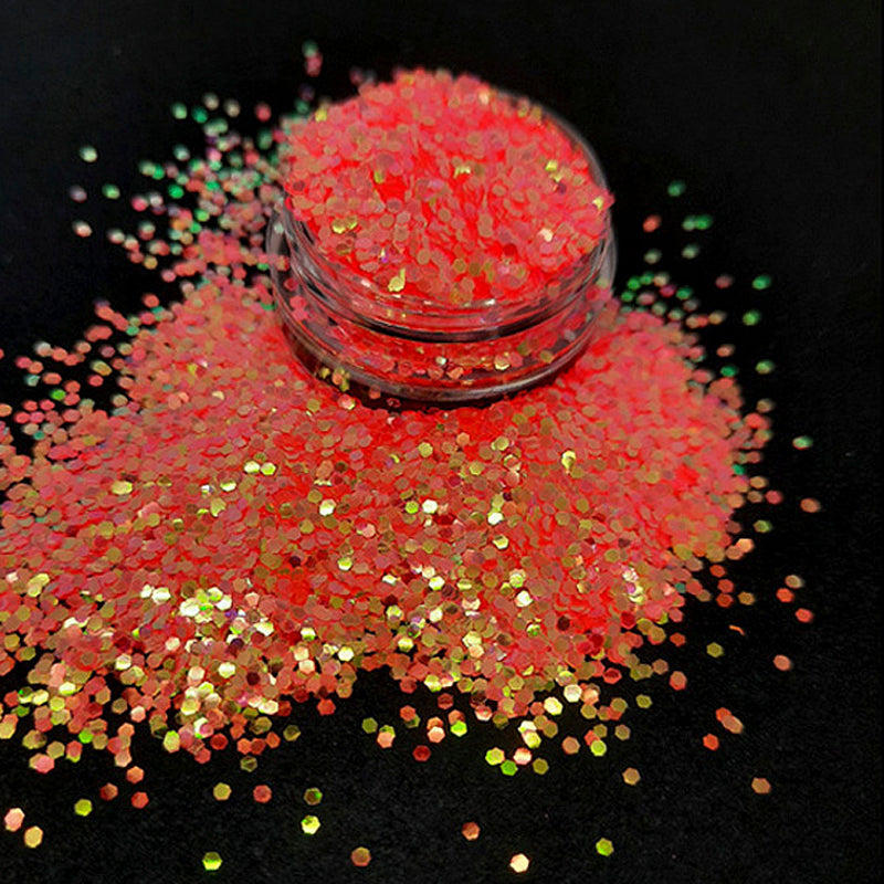 'Peach + Gold Goddess' Hexagon Nail Glitter. Approx 1mm pieces of stunning shiny orange/pink/gold nail glitter.