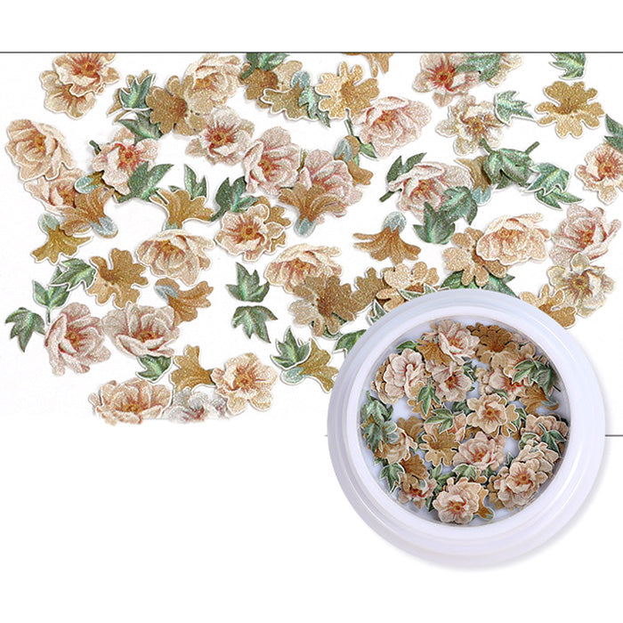 Golden Peony Flower Nail Slices, beautiful flowers in soft pastel colours and green leaves.