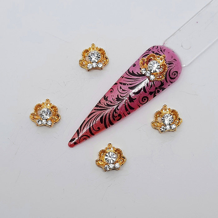 Ornate Gold Crown Nail Charms x 4. Beautiful gold nail charms with clear gems.