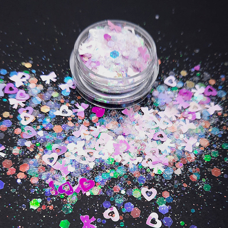 Pastel Hearts + Bows Nail Glitter. One of my favourites, all in soft shades of lilac, pink and white.