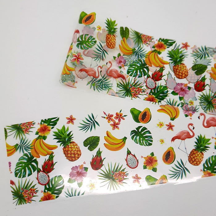 Fruity Nail Foil, Pineapple, Bananas + Flamingo, and a lovely selection of leaves. Clear backing.
Supplied in 4cm x 100cm lengths.